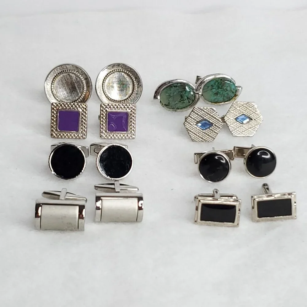 Vintage Cufflink Lot Silver Tone Black Green Blue Purple 8 Pair